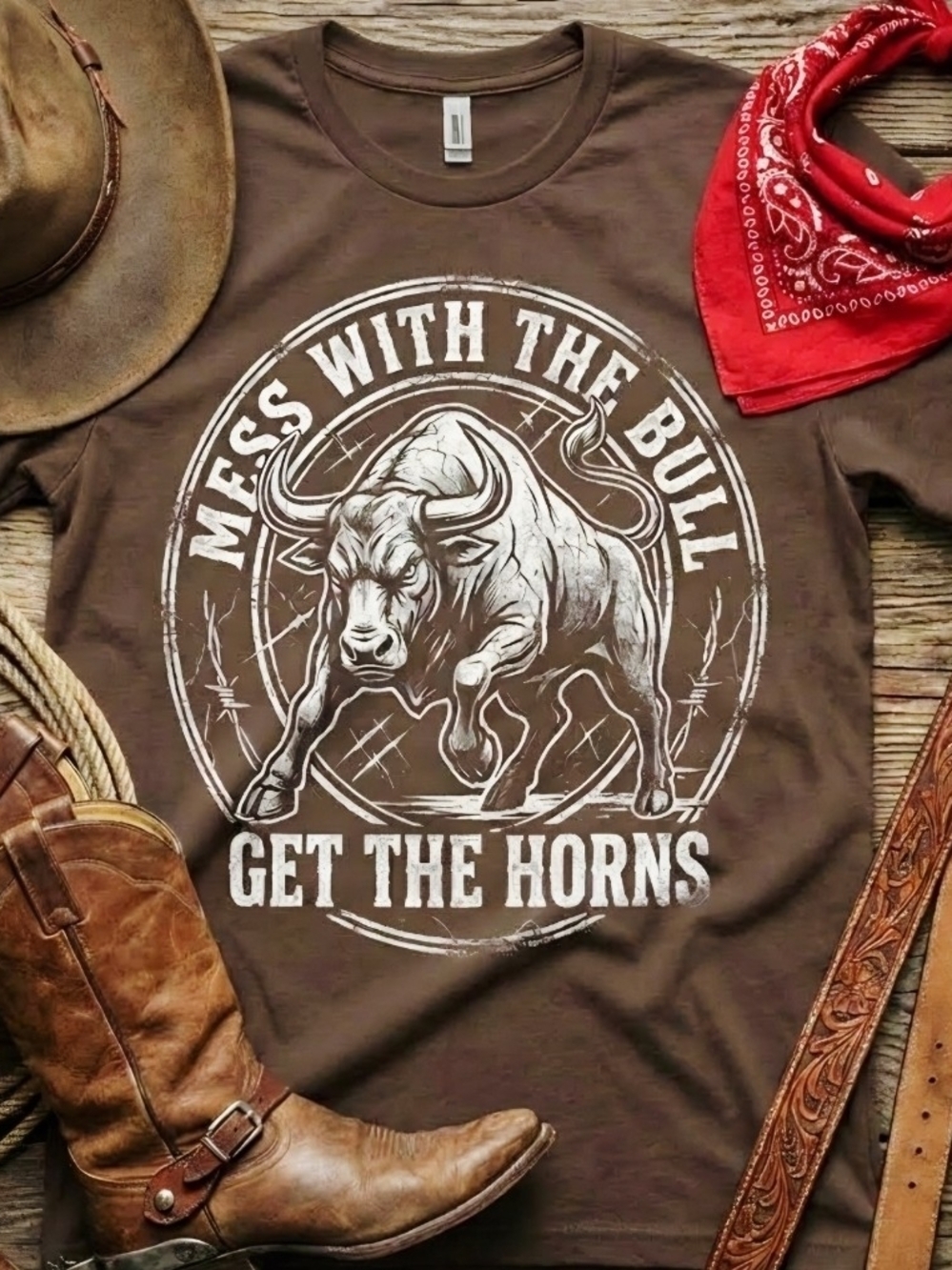 Mess With The Bull Get The Horns Tee | Western Cowboy Graphic Shirt | Rodeo